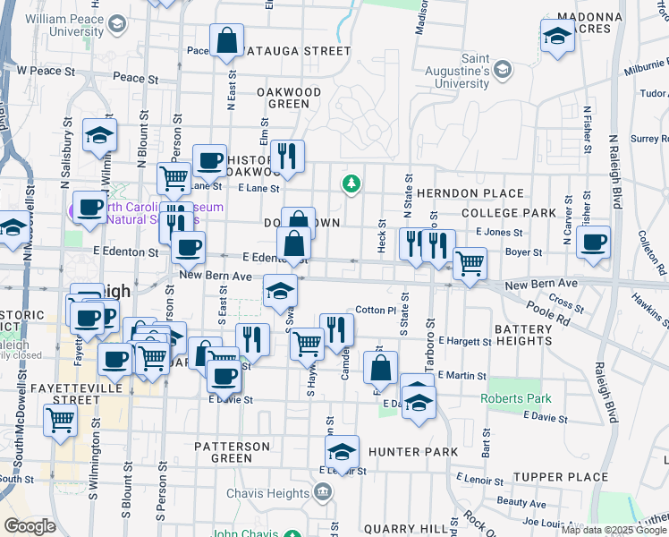 map of restaurants, bars, coffee shops, grocery stores, and more near 10 Seawell Avenue in Raleigh