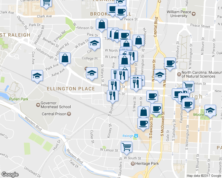 map of restaurants, bars, coffee shops, grocery stores, and more near 701 Hillsborough Street in Raleigh