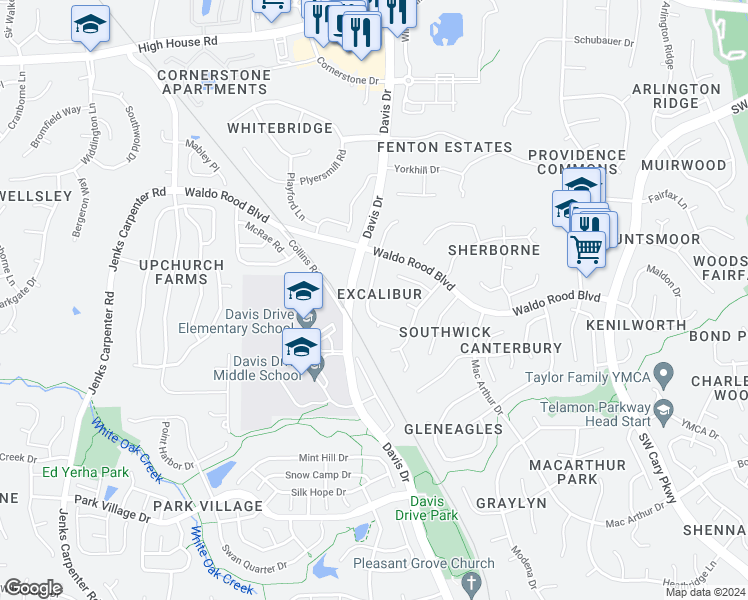 map of restaurants, bars, coffee shops, grocery stores, and more near 100 Pellinore Court in Cary