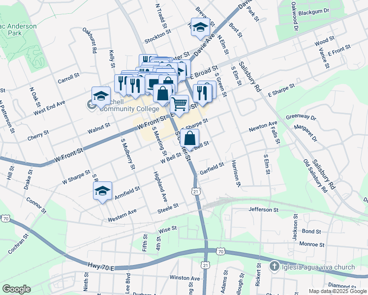 map of restaurants, bars, coffee shops, grocery stores, and more near South Center Street in Statesville