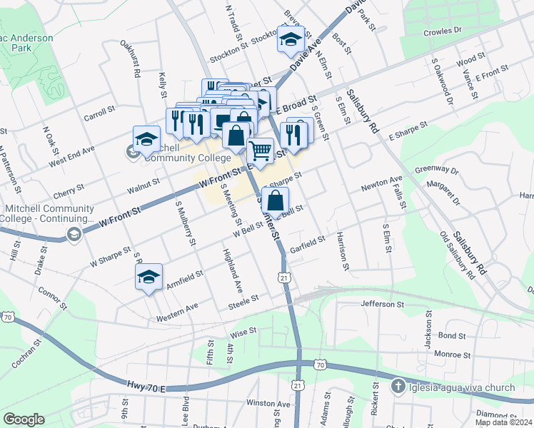 map of restaurants, bars, coffee shops, grocery stores, and more near South Center Street in Statesville