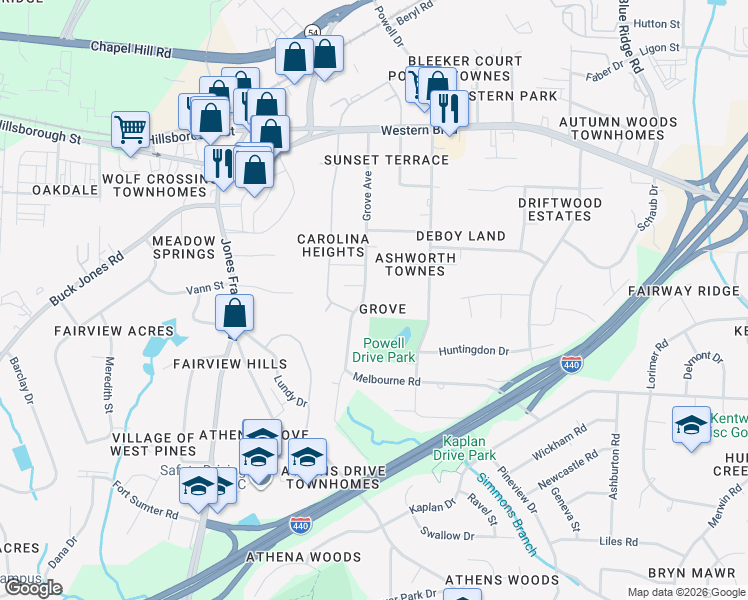 map of restaurants, bars, coffee shops, grocery stores, and more near 725 Grove Avenue in Raleigh
