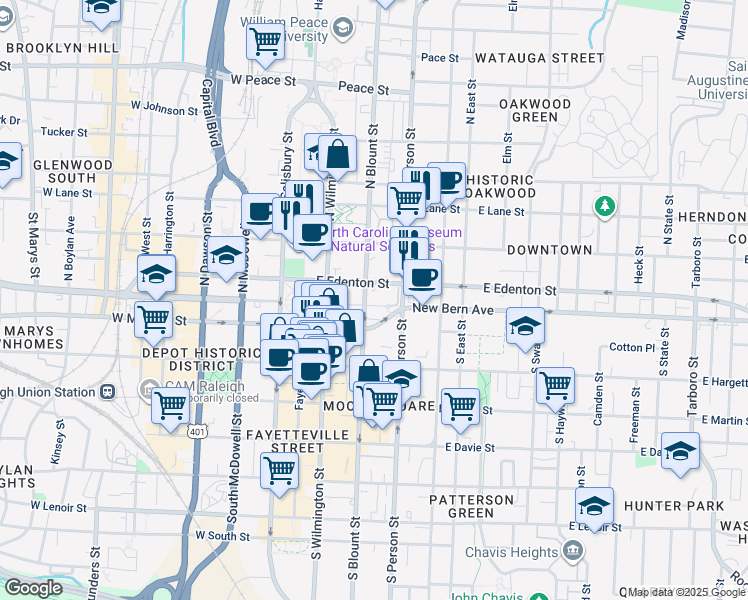map of restaurants, bars, coffee shops, grocery stores, and more near 200 East Edenton Street in Raleigh