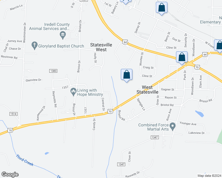 map of restaurants, bars, coffee shops, grocery stores, and more near 635 Meadow Lane Drive in Statesville