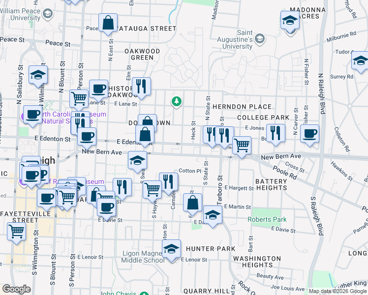 map of restaurants, bars, coffee shops, grocery stores, and more near 901 East Edenton Street in Raleigh