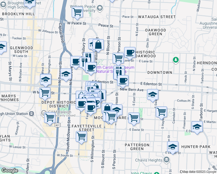 map of restaurants, bars, coffee shops, grocery stores, and more near 200 East Edenton Street in Raleigh