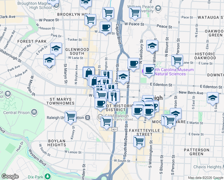 map of restaurants, bars, coffee shops, grocery stores, and more near 1-99 North Dawson Street in Raleigh