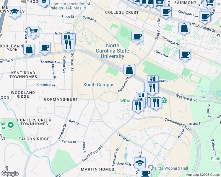 map of restaurants, bars, coffee shops, grocery stores, and more near 2477-2523 Fraternity Court in Raleigh