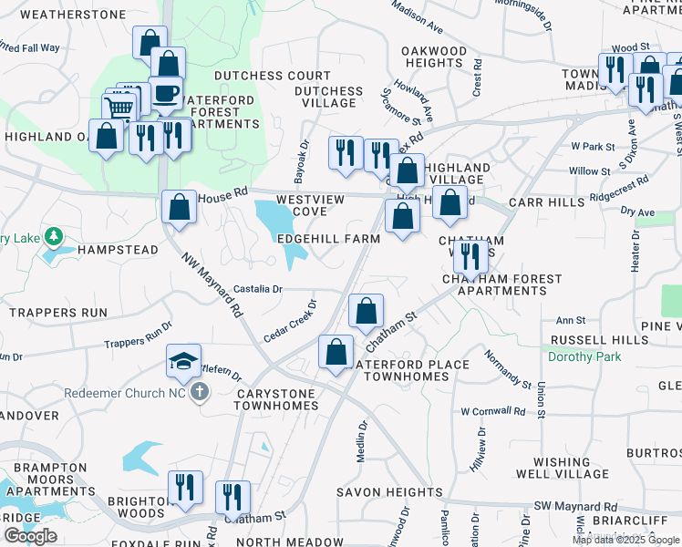 map of restaurants, bars, coffee shops, grocery stores, and more near 138 Gold Meadow Drive in Cary