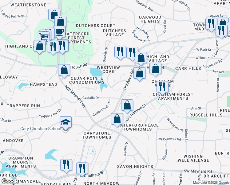 map of restaurants, bars, coffee shops, grocery stores, and more near 127 Gold Meadow Drive in Cary