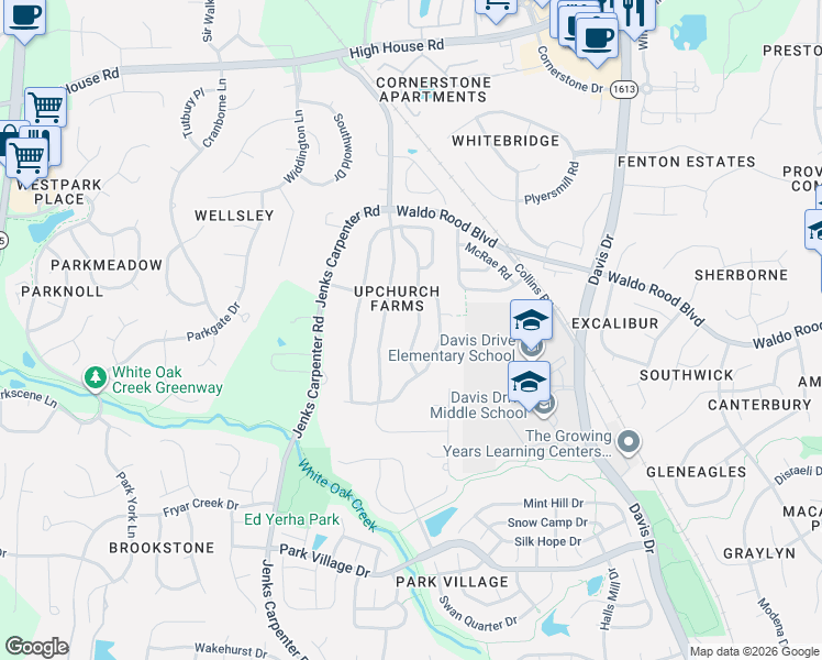 map of restaurants, bars, coffee shops, grocery stores, and more near 257 Joshua Glen Lane in Cary