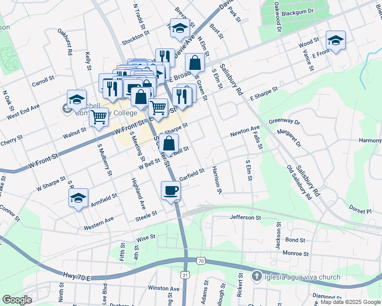 map of restaurants, bars, coffee shops, grocery stores, and more near 432 South Tradd Street in Statesville