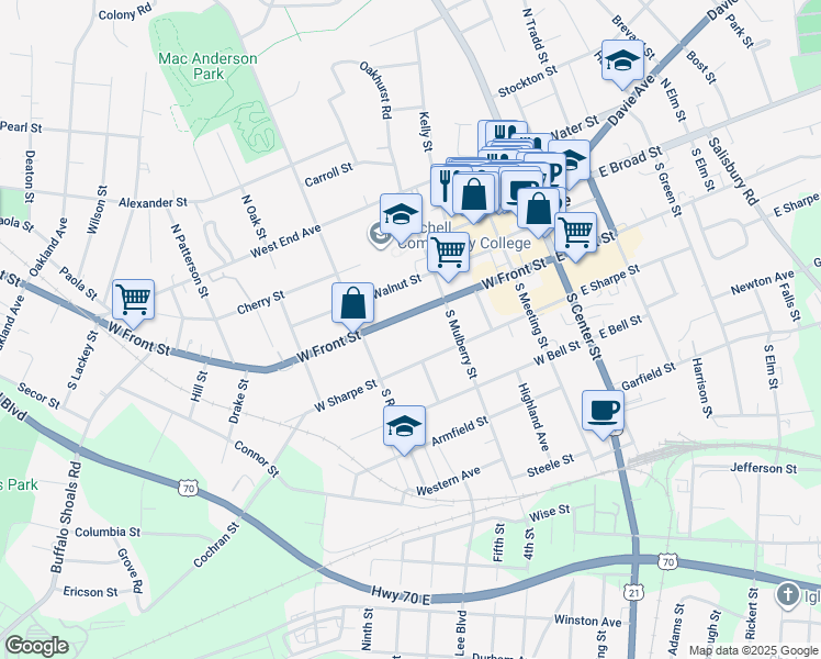 map of restaurants, bars, coffee shops, grocery stores, and more near 444 West Front Street in Statesville