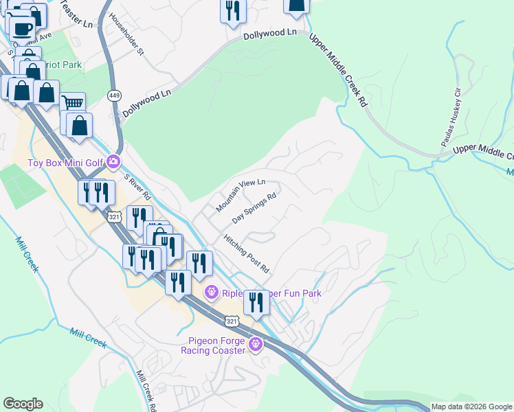 map of restaurants, bars, coffee shops, grocery stores, and more near 468 Mountain View Lane in Pigeon Forge