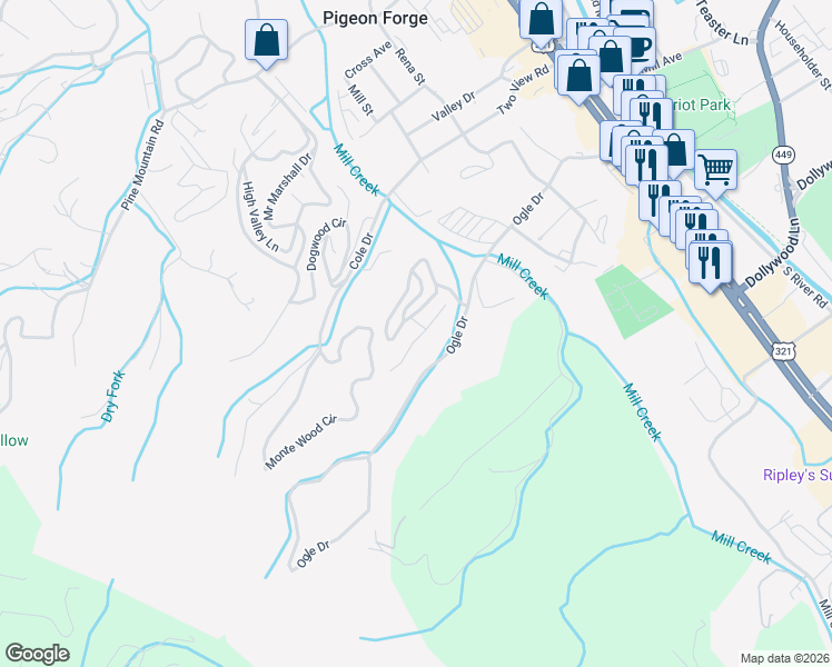 map of restaurants, bars, coffee shops, grocery stores, and more near 3416 Pebblestone Way in Pigeon Forge