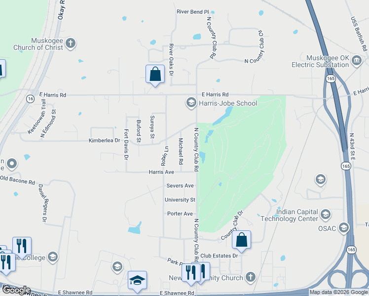 map of restaurants, bars, coffee shops, grocery stores, and more near 2719 North Country Club Road in Muskogee