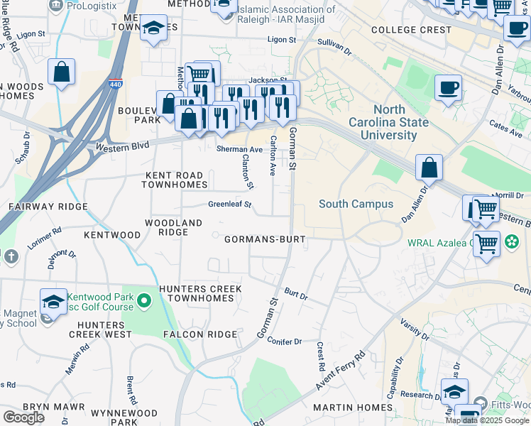 map of restaurants, bars, coffee shops, grocery stores, and more near 3800 Greenleaf Street in Raleigh