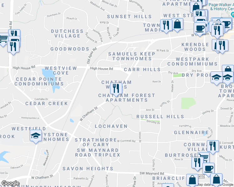 map of restaurants, bars, coffee shops, grocery stores, and more near State Road 1011 in Cary