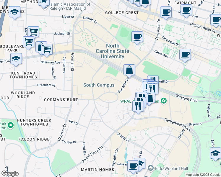 map of restaurants, bars, coffee shops, grocery stores, and more near 2337-2399 Fraternity Court West in Raleigh