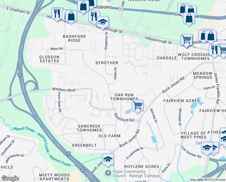 map of restaurants, bars, coffee shops, grocery stores, and more near 5604 Kimsey Court in Raleigh