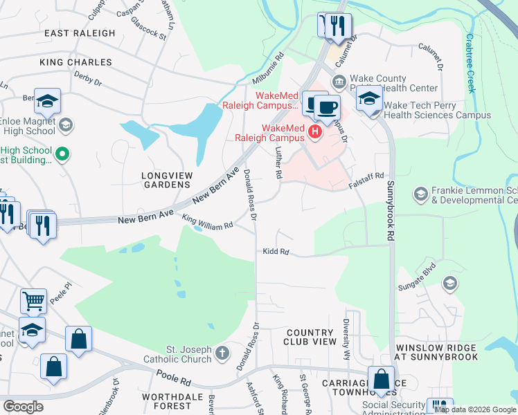 map of restaurants, bars, coffee shops, grocery stores, and more near 148 Luther Road in Raleigh