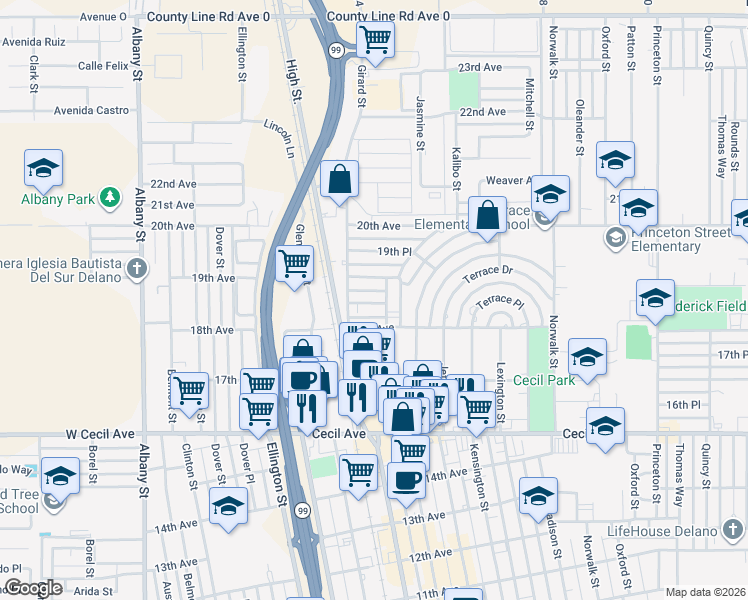 map of restaurants, bars, coffee shops, grocery stores, and more near 725 18th Place in Delano