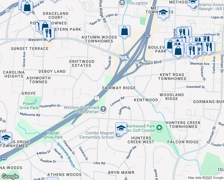map of restaurants, bars, coffee shops, grocery stores, and more near 1424 Fairway Ridge Drive in Raleigh