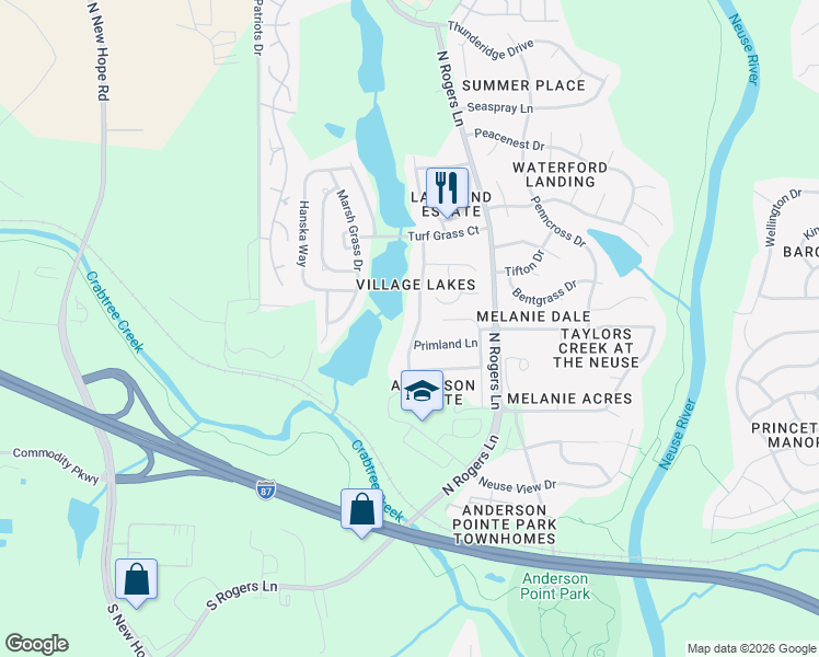map of restaurants, bars, coffee shops, grocery stores, and more near 521 Thistlegate Trail in Raleigh