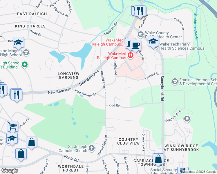 map of restaurants, bars, coffee shops, grocery stores, and more near 148 Luther Road in Raleigh