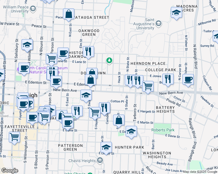 map of restaurants, bars, coffee shops, grocery stores, and more near 901 East Edenton Street in Raleigh