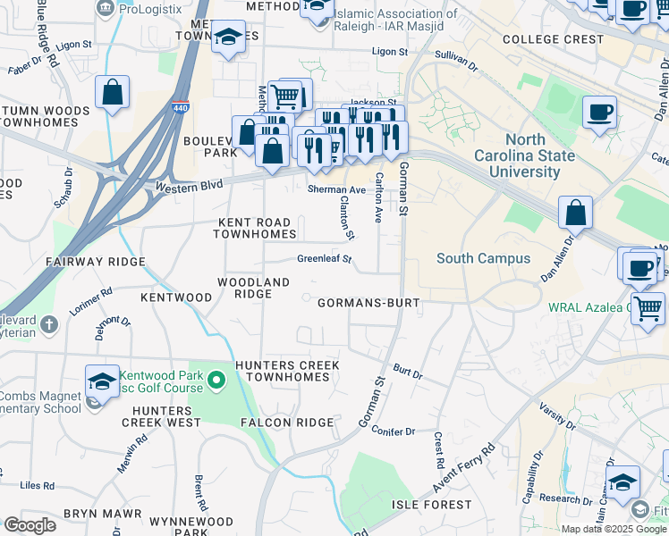 map of restaurants, bars, coffee shops, grocery stores, and more near 3917 Greenleaf Street in Raleigh