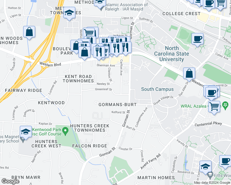 map of restaurants, bars, coffee shops, grocery stores, and more near 3904 Greenleaf Street in Raleigh