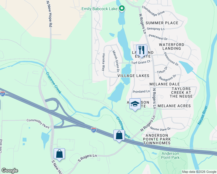 map of restaurants, bars, coffee shops, grocery stores, and more near 305 Rattan Bay Drive in Raleigh