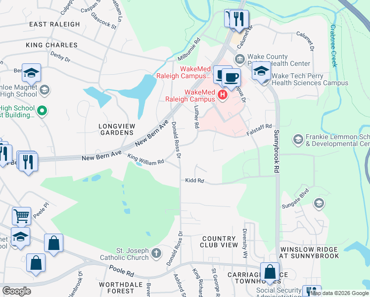 map of restaurants, bars, coffee shops, grocery stores, and more near 148 Luther Road in Raleigh