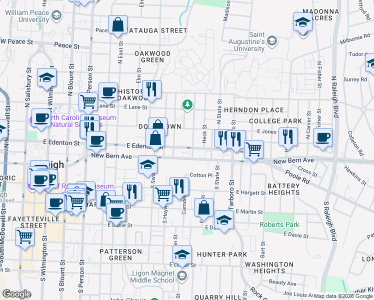 map of restaurants, bars, coffee shops, grocery stores, and more near 901 East Edenton Street in Raleigh