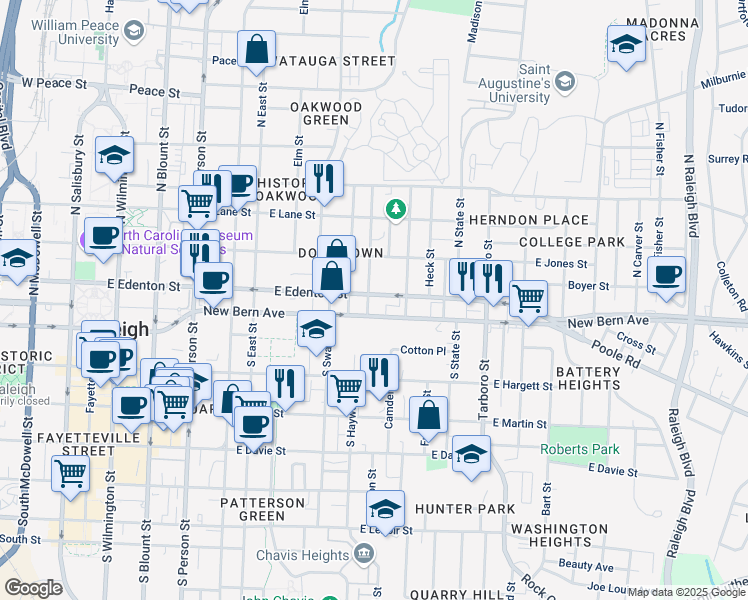 map of restaurants, bars, coffee shops, grocery stores, and more near 102 Seawell Avenue in Raleigh