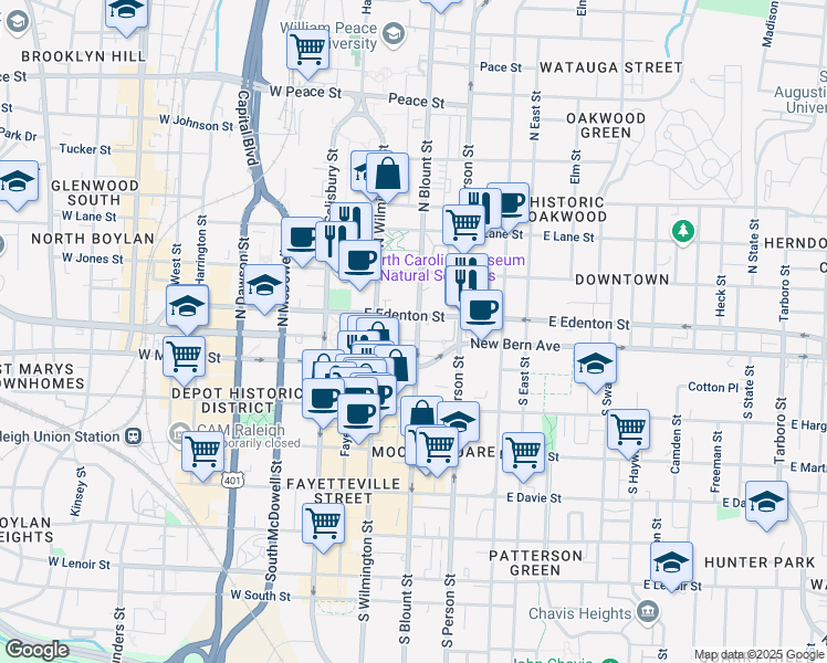 map of restaurants, bars, coffee shops, grocery stores, and more near 200 East Edenton Street in Raleigh