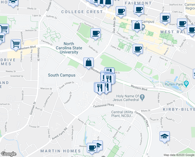 map of restaurants, bars, coffee shops, grocery stores, and more near 2725 Western Boulevard in Raleigh