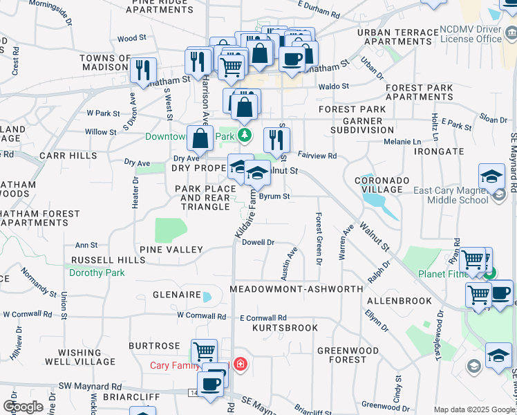 map of restaurants, bars, coffee shops, grocery stores, and more near 503 Kildaire Farm Road in Cary
