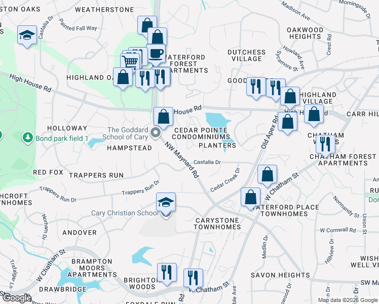 map of restaurants, bars, coffee shops, grocery stores, and more near 148 Shady Meadow Circle in Cary