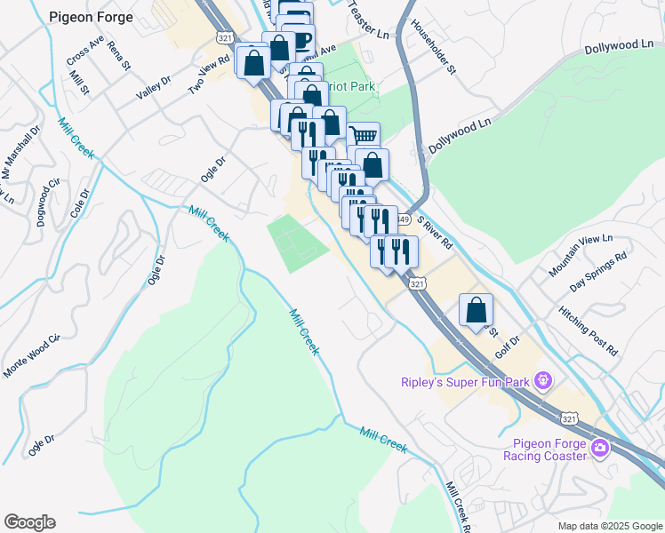 map of restaurants, bars, coffee shops, grocery stores, and more near 3712 Parkway in Pigeon Forge