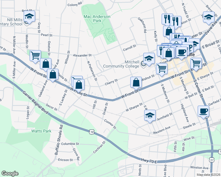 map of restaurants, bars, coffee shops, grocery stores, and more near 809 Cherry Street in Statesville