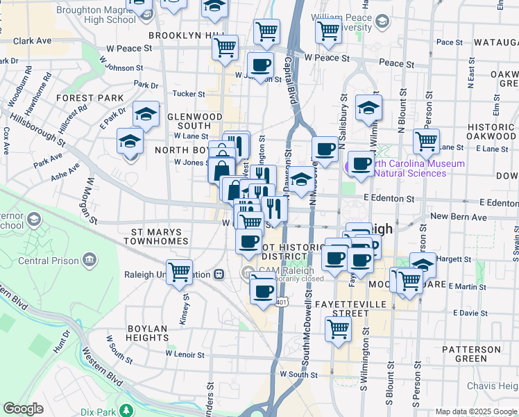 map of restaurants, bars, coffee shops, grocery stores, and more near 400 Hillsborough Street in Raleigh