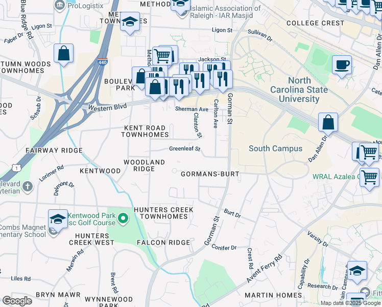 map of restaurants, bars, coffee shops, grocery stores, and more near 3917 Greenleaf Street in Raleigh