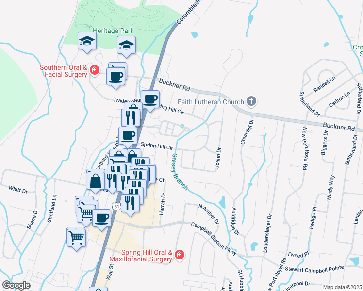 map of restaurants, bars, coffee shops, grocery stores, and more near 2130 Spring Hill Circle in Spring Hill