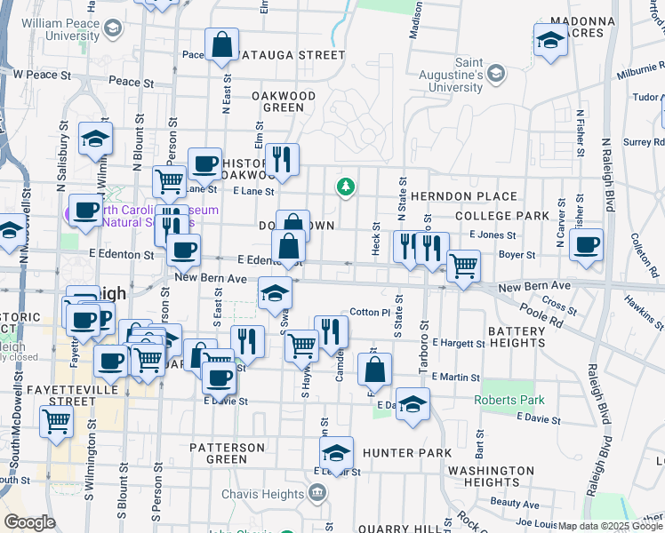 map of restaurants, bars, coffee shops, grocery stores, and more near 102 Seawell Avenue in Raleigh