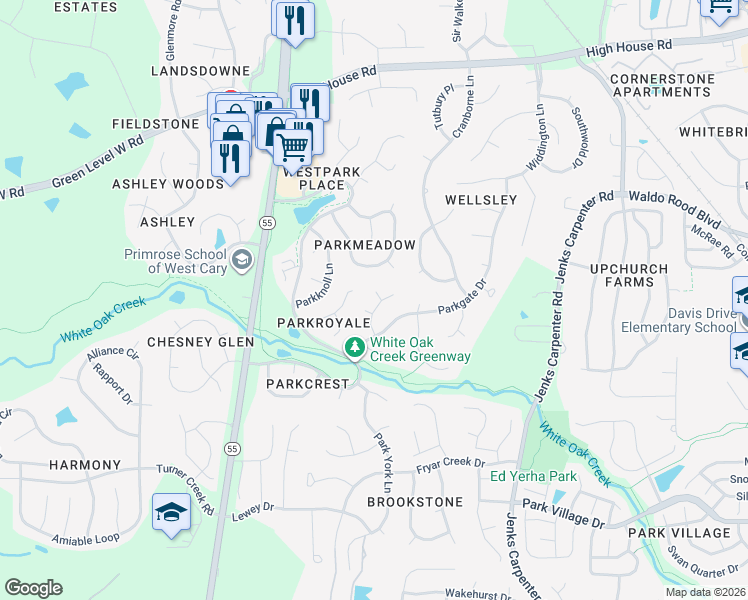 map of restaurants, bars, coffee shops, grocery stores, and more near 101 Parkvine Circle in Cary
