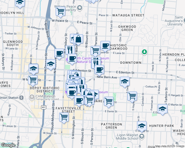 map of restaurants, bars, coffee shops, grocery stores, and more near in Raleigh