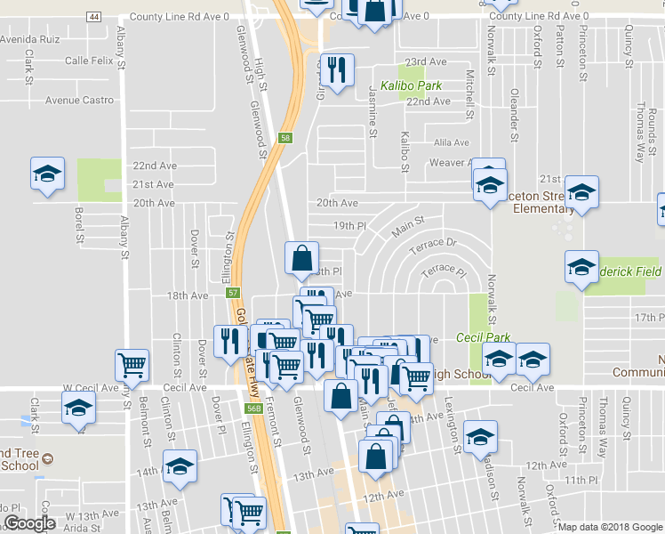 map of restaurants, bars, coffee shops, grocery stores, and more near 725 18th Place in Delano