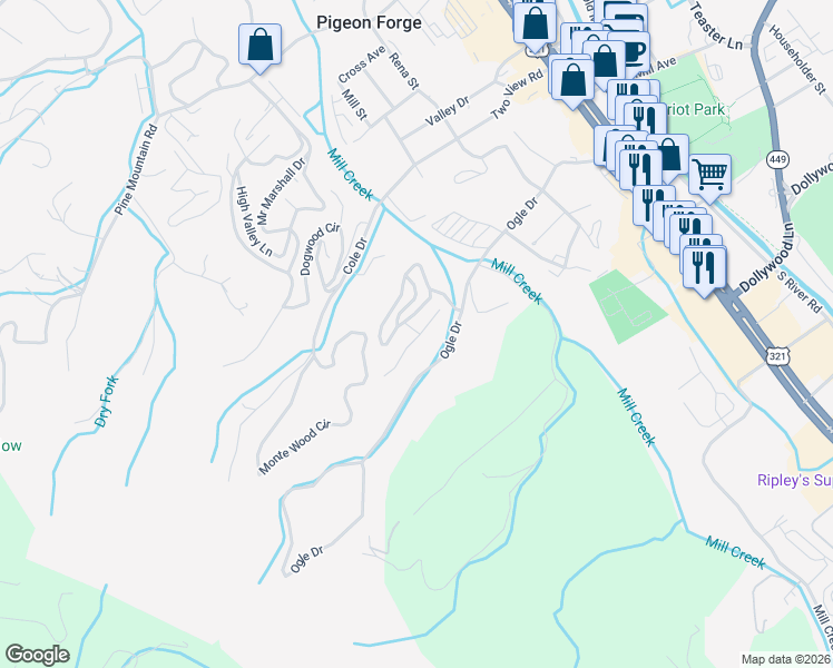 map of restaurants, bars, coffee shops, grocery stores, and more near 3416 Pebblestone Way in Pigeon Forge
